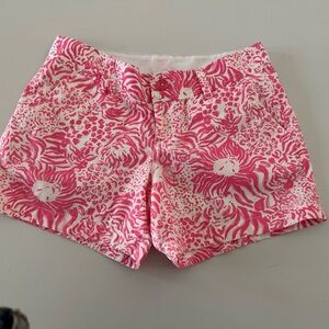Lilly Pulitzer Pink and White Bermuda Shorts with Tropical Pattern